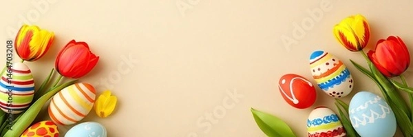 Fototapeta Colorful Easter eggs and tulips arranged on a beige background