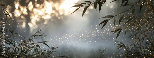 Fototapeta Misty dawn in a tranquil forest, with glittering particles