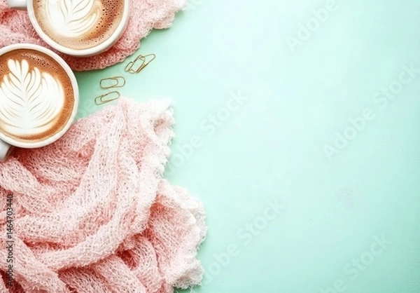 Fototapeta Two lattes with latte art, a soft pink knitted throw, and gold paperclips on a mint green background