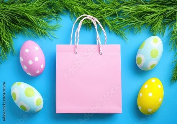 Fototapeta Pink shopping bag with colorful Easter eggs on a blue background.  Fresh greenery borders the arrangement