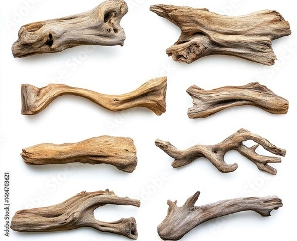 Fototapeta Collection of driftwood pieces with varied shapes and textures.  Natural wood forms, light brown tones, and unique patterns