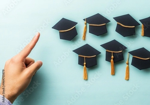 Fototapeta A hand points towards a graduation cap, amidst others.  A selection process concept