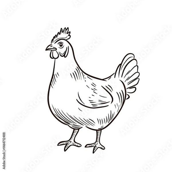 Obraz Detailed hand drawn farm hen standing side view with comb and tail feathers in black ink sketch style isolated on white background vector illustration
