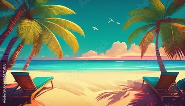Fototapeta tropical beach scene with palm trees and chairs
