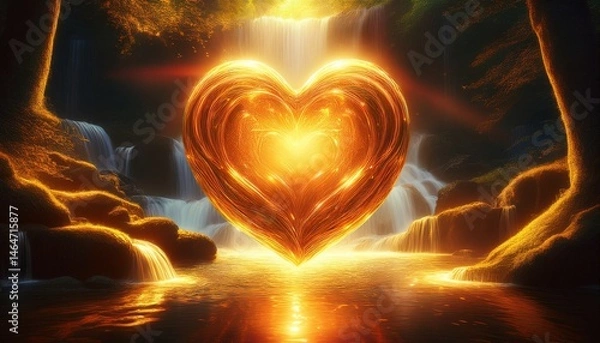 Fototapeta a surreal glowing heart suspended in a mystical waterfall of warm golden light surrounded by deep shadows creating a dreamy and symbolic atmosphere