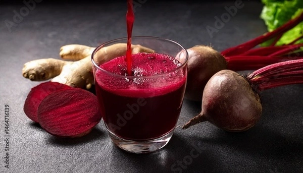 Fototapeta beetroot juice is poured into a glass and placed on a dark surface with beets and ginger
