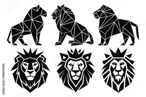 Fototapeta Polygonal and Crowned Lion Vector, Royal Geometric Animal Art
