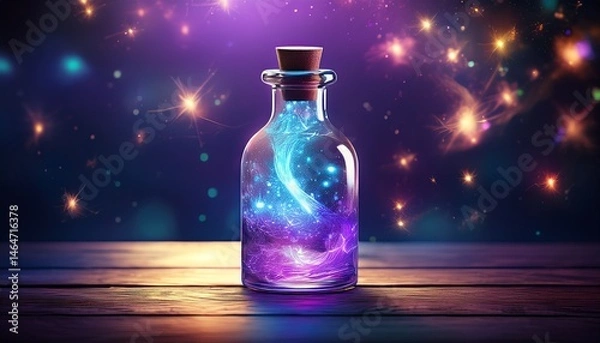Fototapeta the bottle emits a soft purple and blue light while tiny magical sparks hover in the air