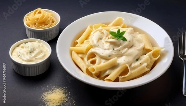 Fototapeta a dark surface provides the backdrop for a white bowl filled with fettuccine alfredo along with a side of penne pasta and sauce