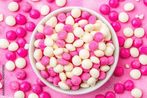 Fototapeta Bowl of round, multicolored candies.  Pink and white  coated candies in a white bowl.  Many scattered on surface