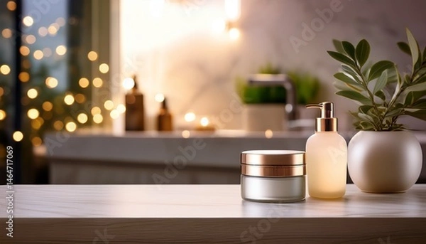 Fototapeta elegant bathroom counter with skincare jar and illuminated background