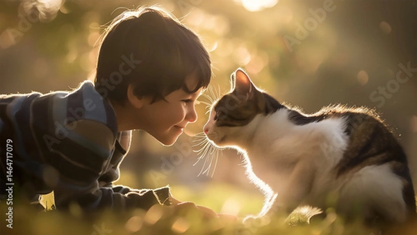 Fototapeta Young boy interacting with cat in warm light
