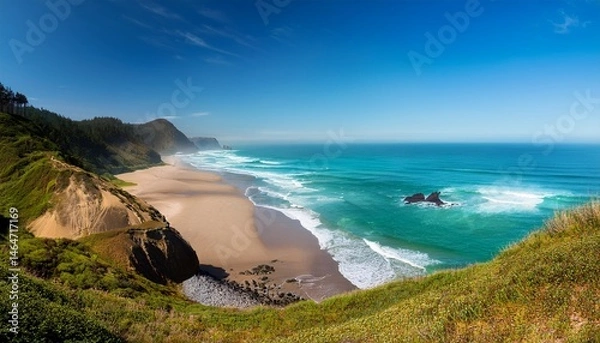 Fototapeta beautiful oregon coastline with sandy beach turquoise waves and coastal cliffs