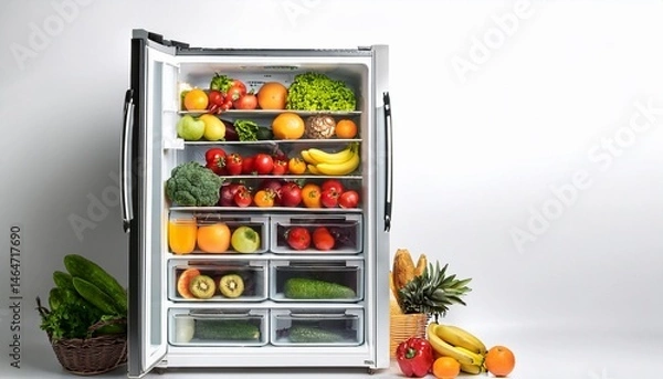Fototapeta white refrigerator with fresh fruits and vegetables on a white background