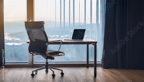Fototapeta empty chair at desk facing window laptop closed empty space remote solitude