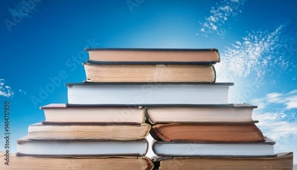 Fototapeta a stack of books is piled on top of each other in a blue sky