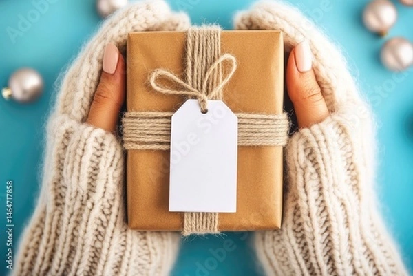 Fototapeta Hands in warm knit gloves hold a gift box.  A blank tag is attached to the box, tied with twine
