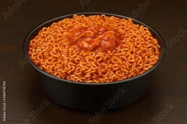 Fototapeta Spicy, savory noodles in a black bowl.  A generous portion of cooked,  orange-red noodles, topped with a  sauce and meat,  is nestled within a dark bowl