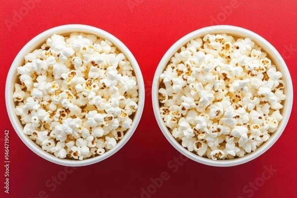 Fototapeta Two white bowls filled with popcorn sit atop a vibrant red surface.  Each bowl is brimming with kernels, showcasing a light golden hue