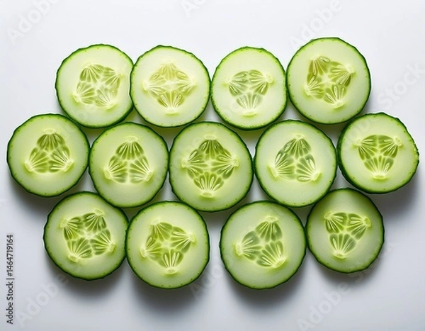 Fototapeta from above cucumber slices are shown in isolation against a white backdrop