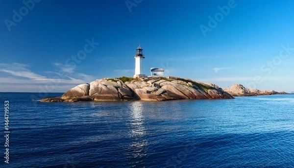 Fototapeta lighthouse on rocky island under clear blue sky and calm ocean waters