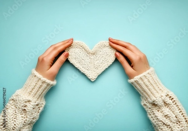 Fototapeta Soft cream-colored knitted heart held gently by hands in cream-colored sweaters.  A simple, warm, and loving gesture on a light teal background