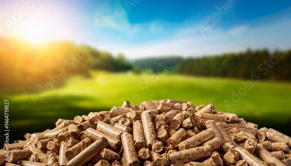 Fototapeta biomass wood pellet pile on a blurred nature background with copy space eco friendly biofuel pellets made from agricultural waste and it is an alternative fuel to replace coal generative ai