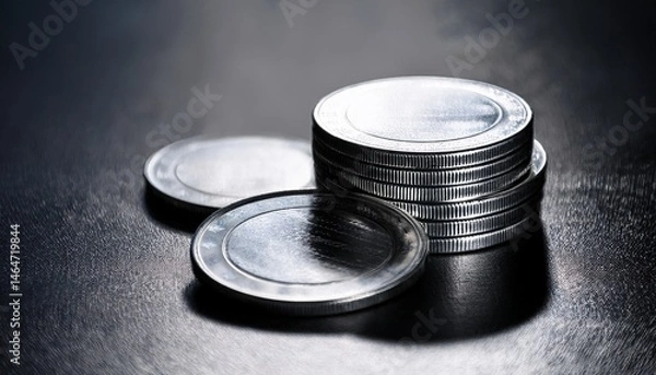 Fototapeta a stack of silver coins sits on a textured surface the coins are shiny and reflective and the surface is dark and textured