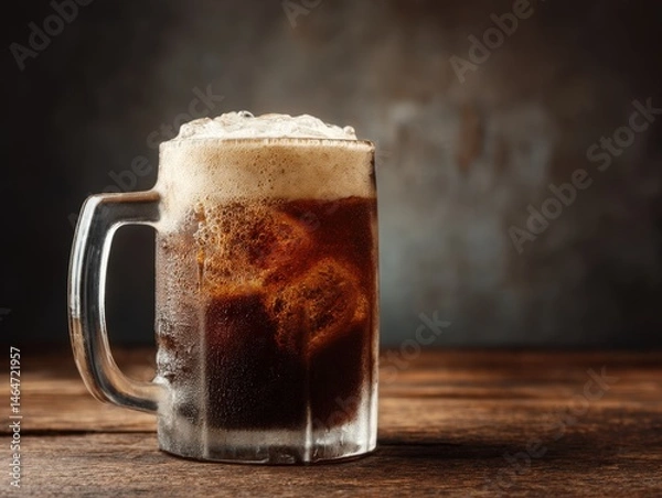 Fototapeta Frosty Glass Mug Filled with Root Beer and Foam on Wooden Table