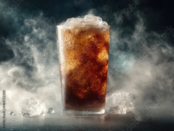 Obraz Refreshing Glass of Root Beer with Ice Against Dark Smoky Background