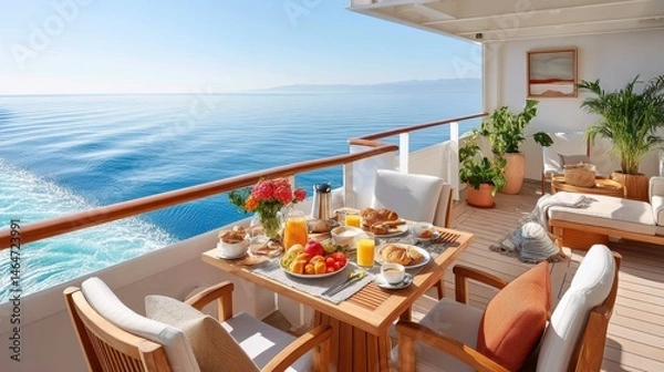 Fototapeta Luxurious breakfast setup on a scenic cruise ship balcony overlooking the ocean