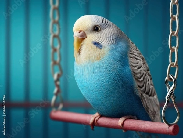Fototapeta Colorful budgerigar on swing in stylish indoor enclosure with vibrant background