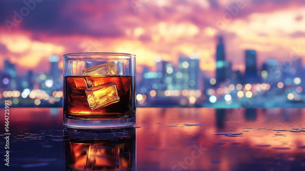 Obraz Whiskey glass on table with city view creating a relaxing home atmosphere