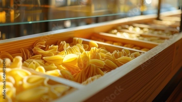 Obraz Display of yellow pasta in wooden boxes