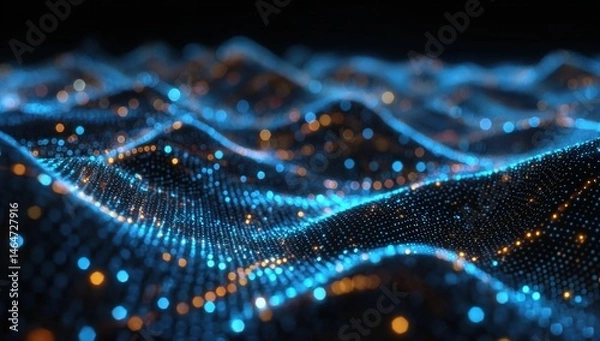 Fototapeta Abstract Blue Glowing Wave Background with Orange Highlights, Captivating Digital Landscape of Flowing Data Particles and Light Effects
