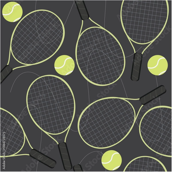 Fototapeta Seamless Tennis Pattern with Rackets on Dark Background: Sporty repeat pattern featuring tennis rackets and balls on a dark background. Perfect for modern sports-themed prints and digital use