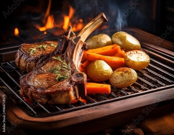 Fototapeta the rustic oven is cooking lamb chops roasted potatoes and carrots all while baking potatoes in the process