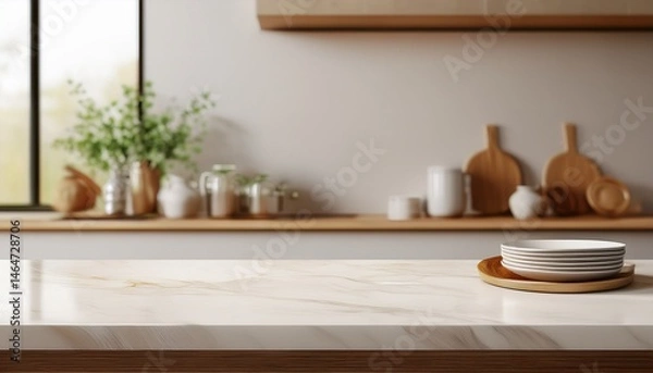 Fototapeta stylish marble tabletop on wooden platform with copyspace for your logo at blurry kitchen utensils and dishes on light wall background 3d rendering mock up