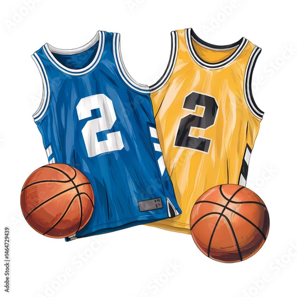 Fototapeta A digital illustration of two basketball jerseys and two basketballs, png