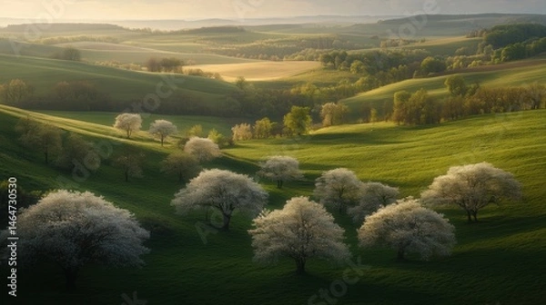 Fototapeta Rolling green hills and blooming trees create a serene landscape view