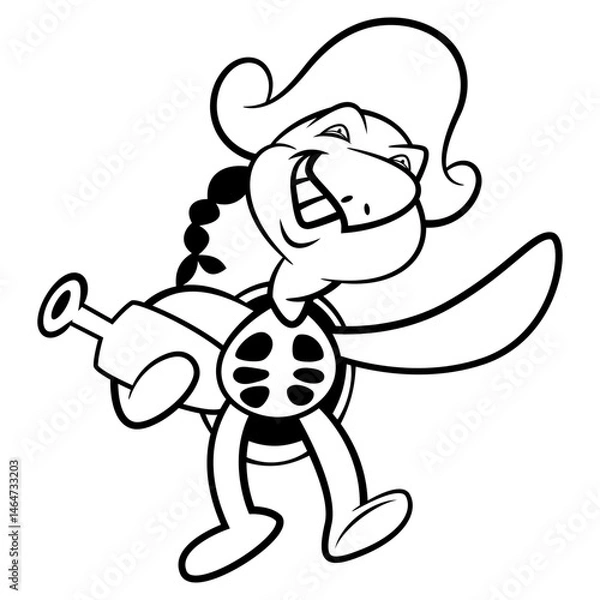 Fototapeta Funny Turtle cartoon characters wearing pirate hat and carrying a bottle of rum. Best for outline, logo, and coloring book with summer themes