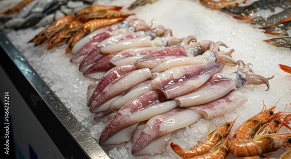 Fototapeta Fresh Seafood Display Featuring Squid and Shrimp on Ice at a Market