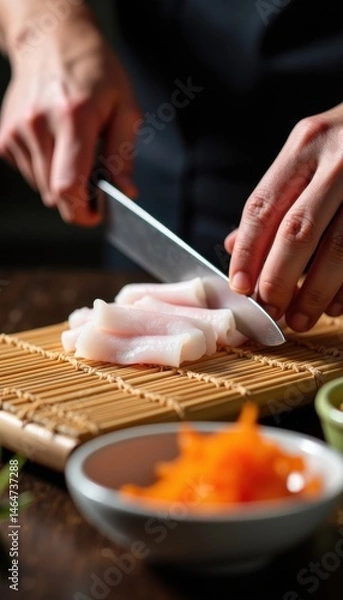 Fototapeta Close-Up of a Chef Slicing Squid Tubes for Sushi Cuisine Preparation
