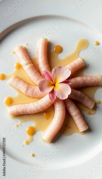 Fototapeta Elegant Culinary Presentation of Sliced Squid Tubes Topped with Edible Flower