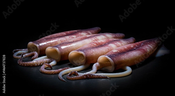 Fototapeta Fresh Squid Tubes Displayed on a Dark Background With Dramatic Lighting