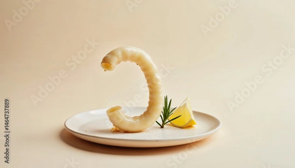 Fototapeta Elegant Presentation of a Squid Tube on Beige Plate with Herbs and Lemon Slice