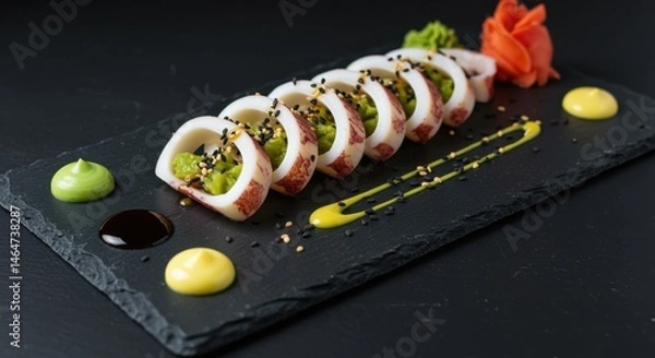 Fototapeta Elegant Presentation of Stuffed Squid Tubes Garnished with Sesame Seeds and Sauces