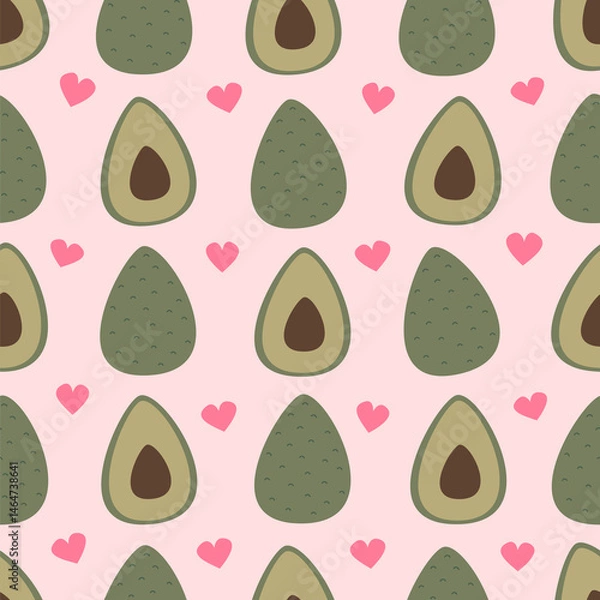 Fototapeta cute hand drawn cartoon avocado seamless vector pattern background illustration with pink hearts