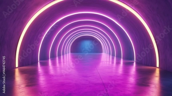Fototapeta 3d render, abstract background with neon lights, empty room, futuristic interior