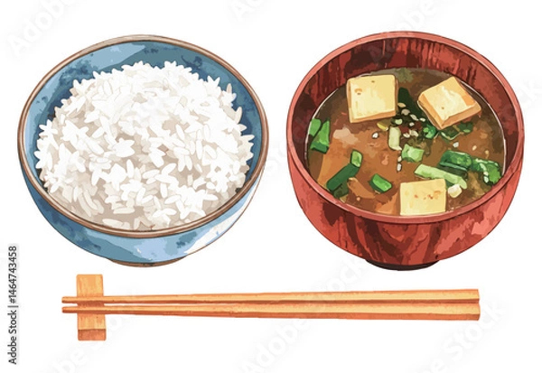 Obraz 白米とお味噌汁、お箸の水彩風イラストセット　生成AI